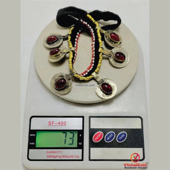 Tribal Glass Stone Embedded Coins Necklace: Statement Kuchi Handmade Choker - Picture 7 of 7